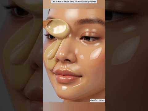 Moteris tepasi veidą drėkinamu kremu, matomas kremas ir lėkštutė su užrašu „MedFact Hindi“.