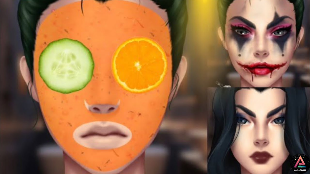 Mergina su oranžine veido kauke, agurko ir apelsino griežinėliais ant akių ir dvi makiažo versijos šone