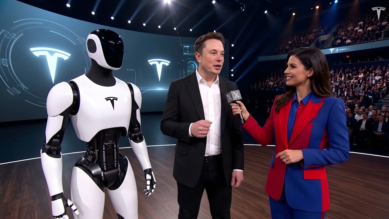 Vyras scenoje kalba šalia baltai juodo roboto ir vedėjos renginyje